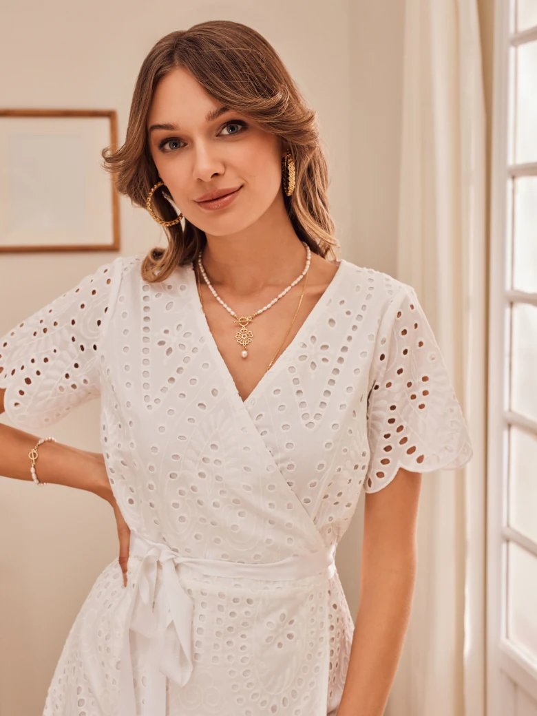WHITE OPENWORK DRESS WITH ENVELOPE CUT