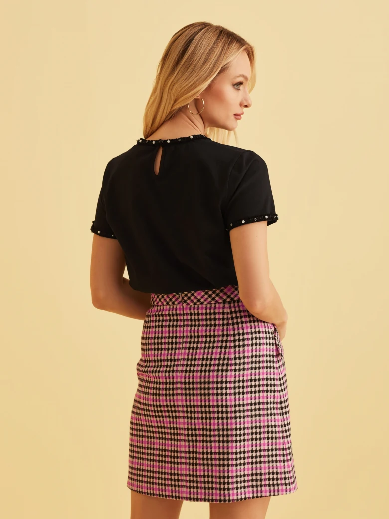 BLACK BLOUSE WITH TWEED TRIM