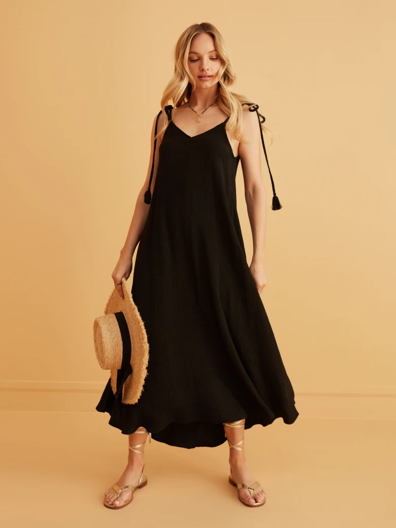 BLACK MAXI DRESS WITH TIED STRAPS