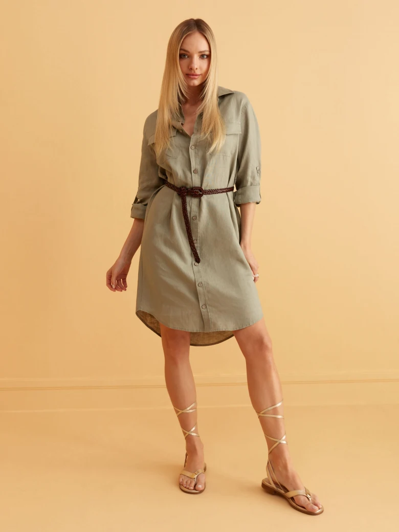 KHAKI LINEN SHIRT DRESS