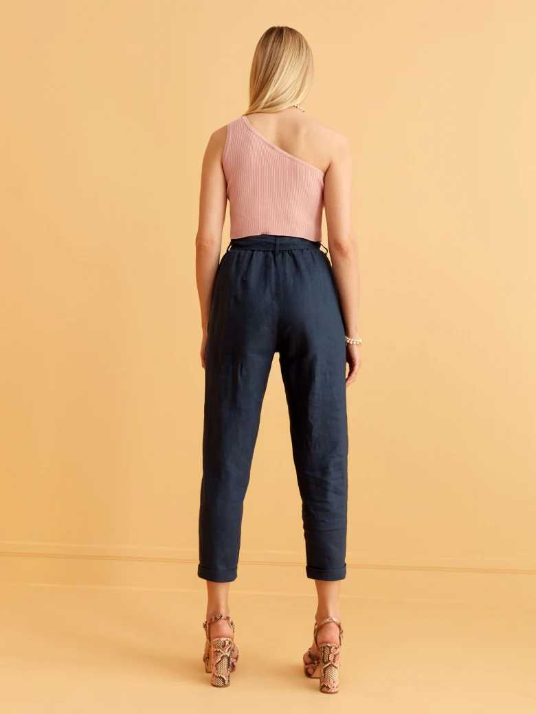 NAVY LINEN CIGARETTE PANTS