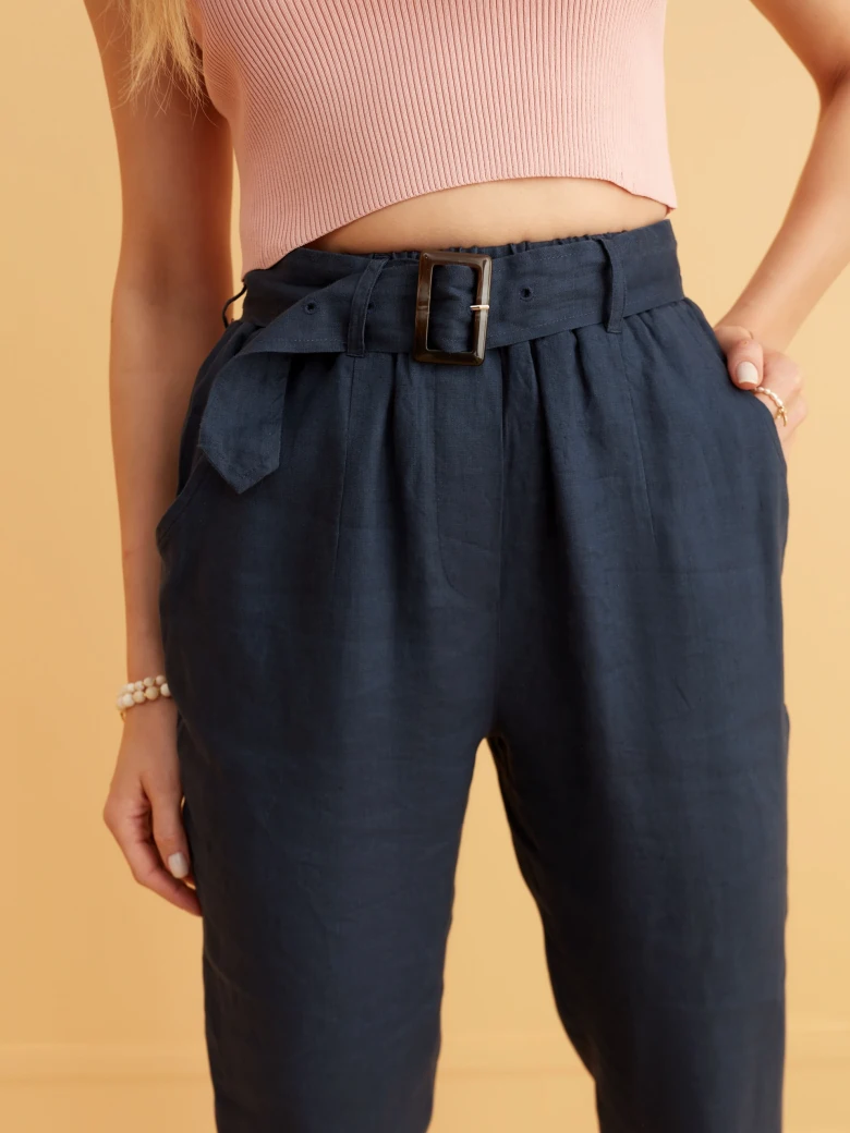 NAVY LINEN CIGARETTE PANTS