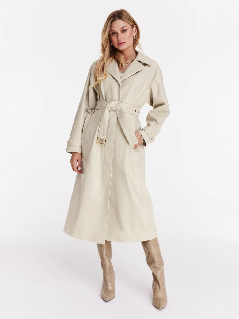 Long leather coat in ecru color