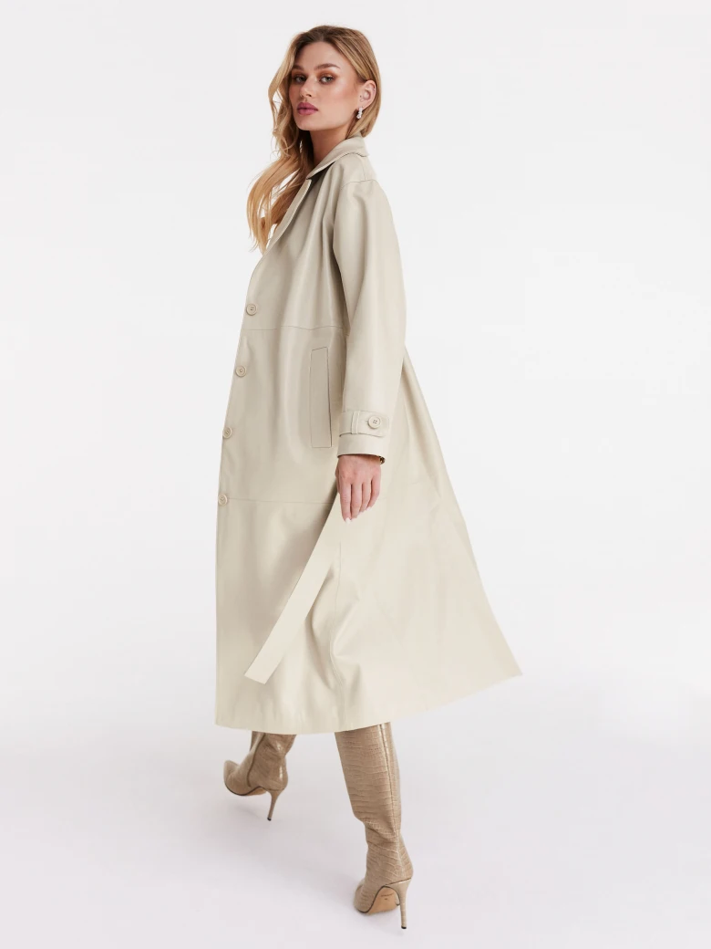 Long leather coat in ecru color