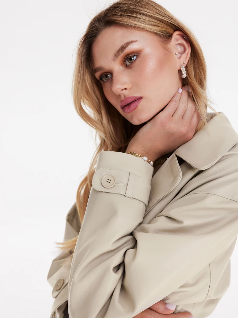 Long leather coat in ecru color