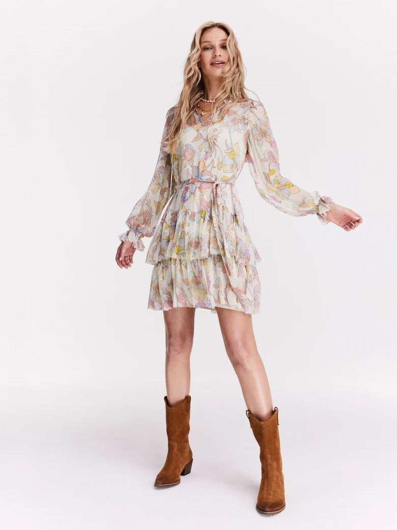 Short viscose dress with pastel flowers