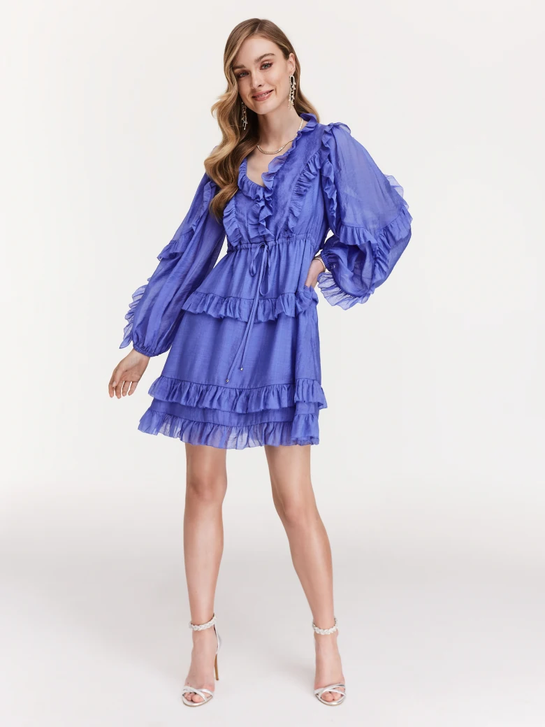 Short cornflower dress with ruffles and jabot