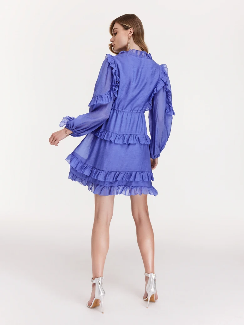 Short cornflower dress with ruffles and jabot