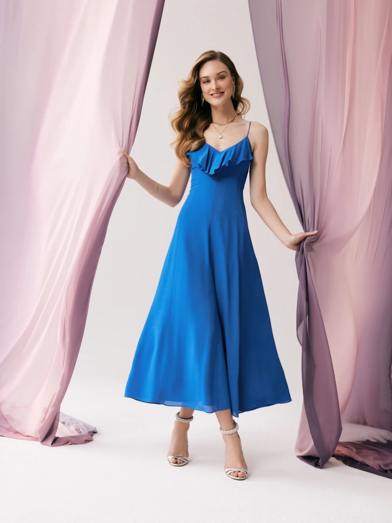 Cobalt long dress with ruffle