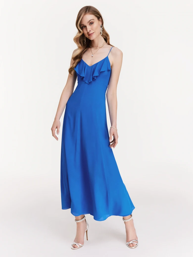 Cobalt long dress with ruffle