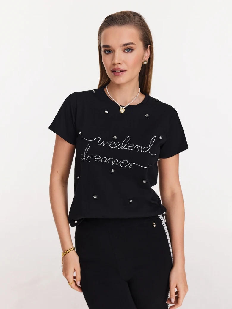 Cotton black blouse with short sleeves and lettering
