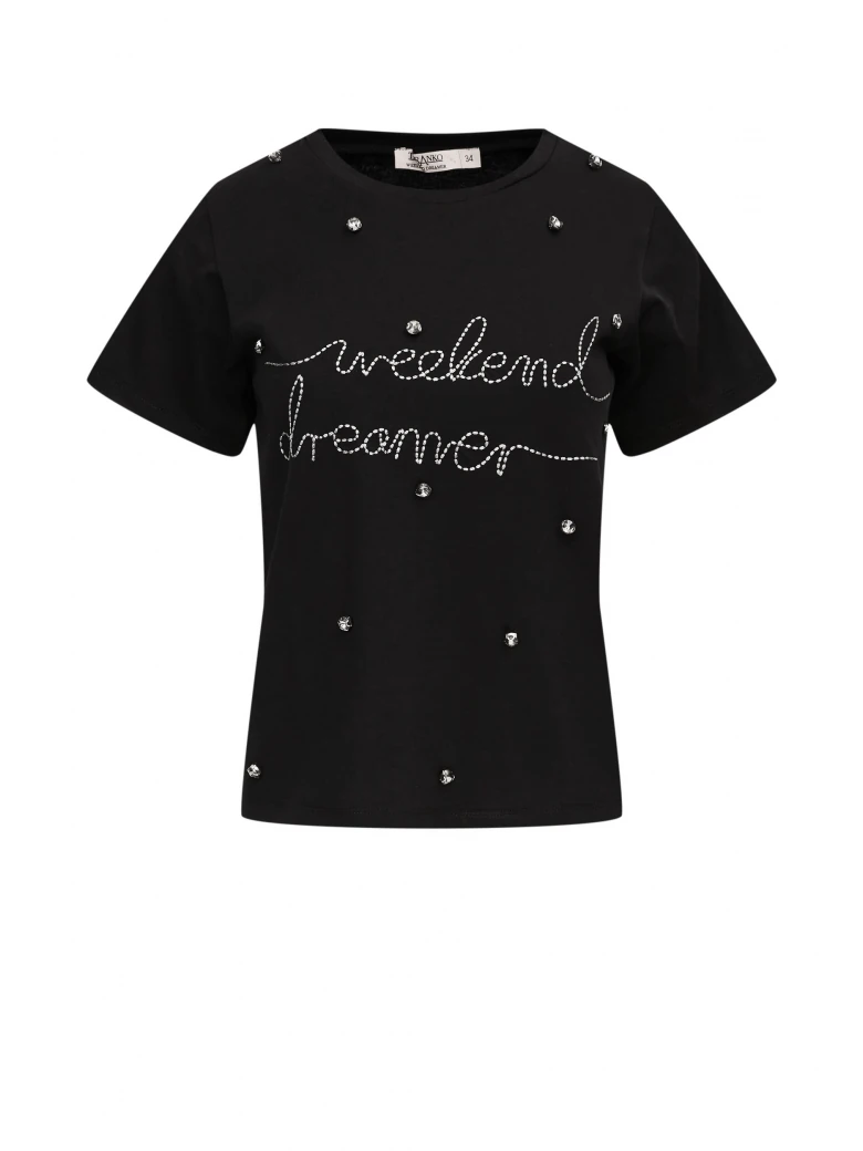 Cotton black blouse with short sleeves and lettering