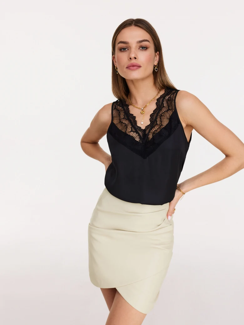 Black satin top with lace inserts