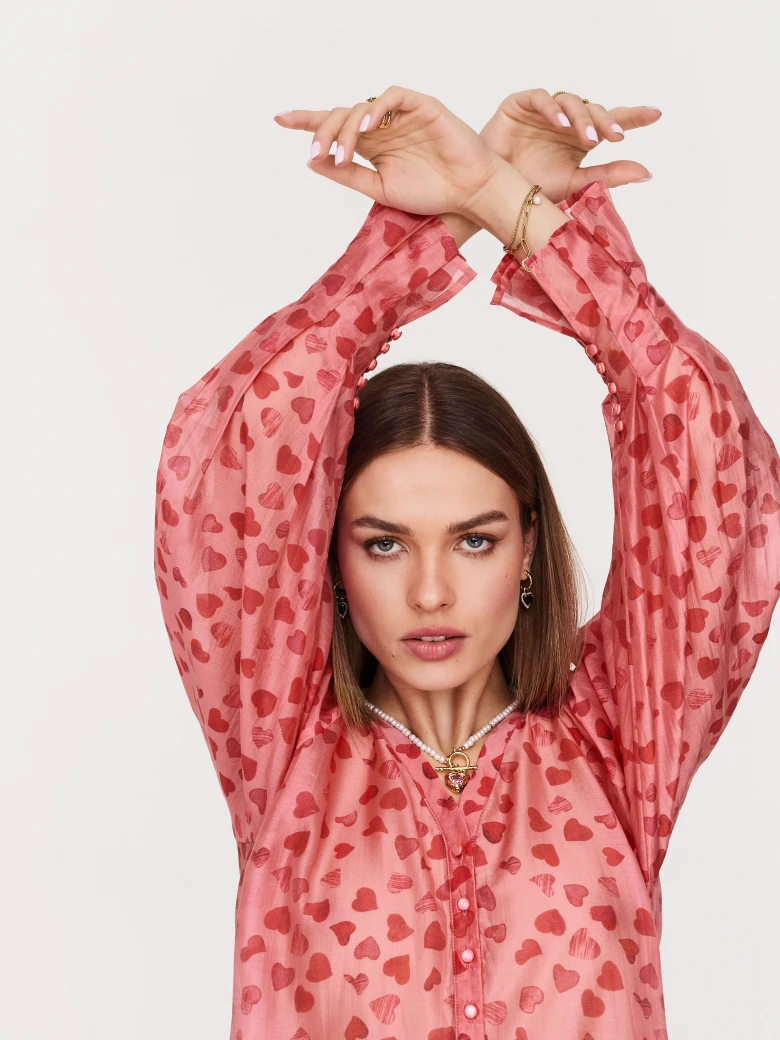Pink tencel shirt with tiny hearts