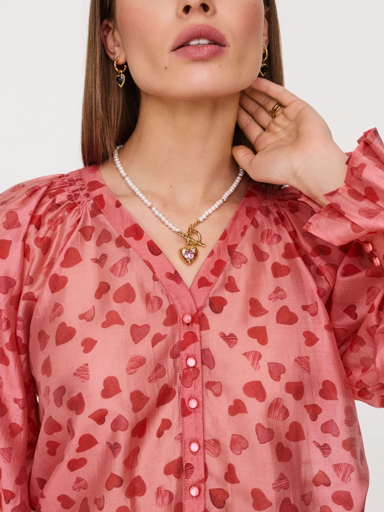 Pink tencel shirt with tiny hearts