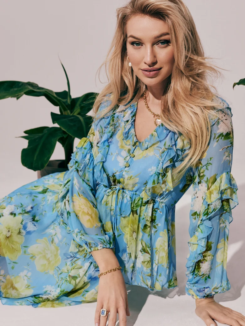 Blue dress with frills in yellow flowers