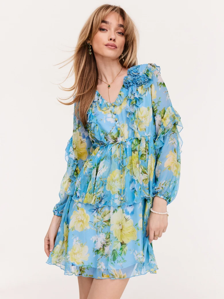 Blue dress with frills in yellow flowers