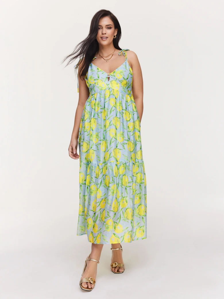 Long strapless dress in blue and yellow colors