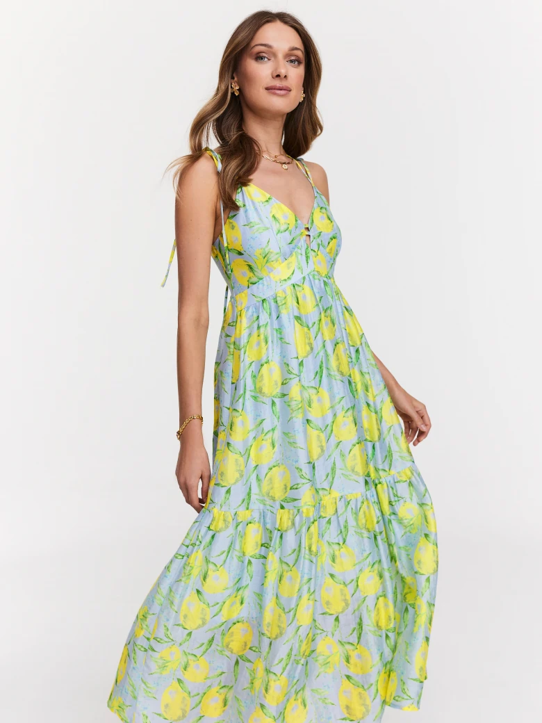 Long strapless dress in blue and yellow colors