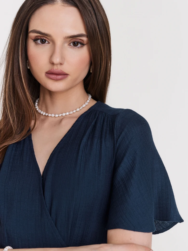 Navy blue elegant dress with envelope neckline