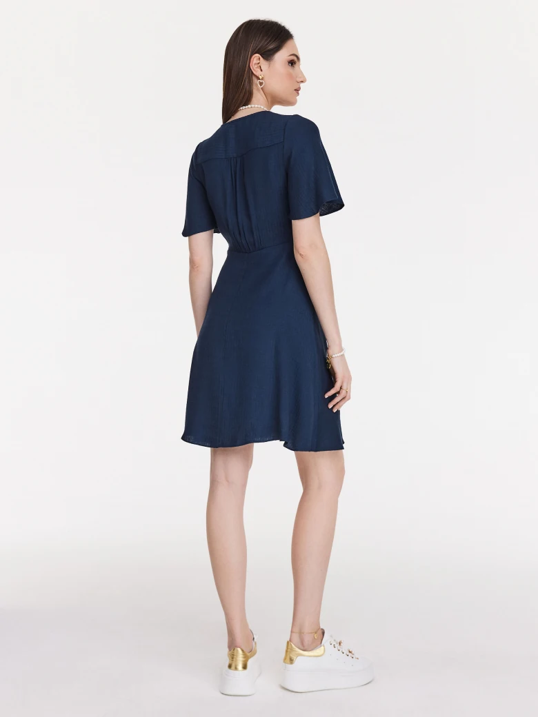 Navy blue elegant dress with envelope neckline