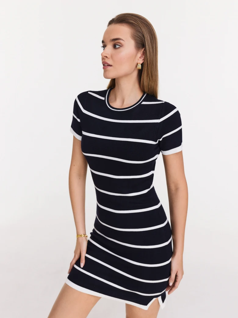Short navy blue striped knit dress