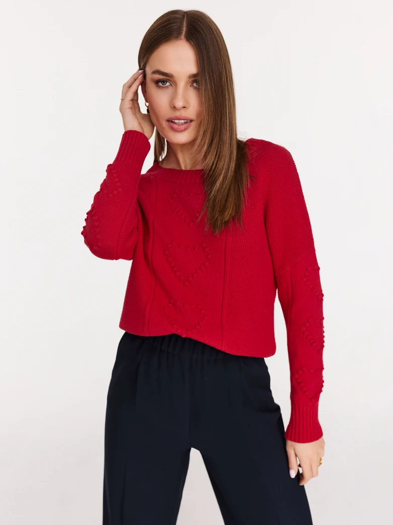 Cotton red sweater with embroidered hearts