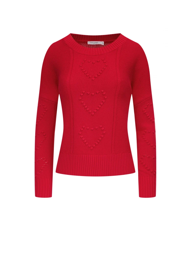 Cotton red sweater with embroidered hearts