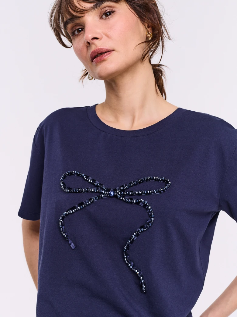 Navy blue cotton blouse with short sleeves and bow