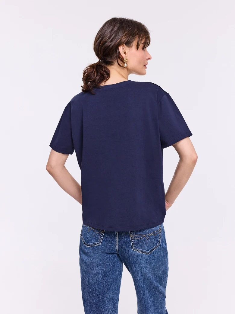 Navy blue cotton blouse with short sleeves and bow