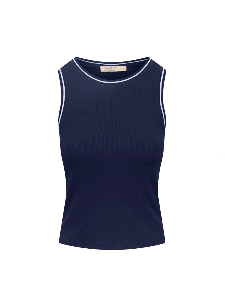 Fitted navy blue top with white trim