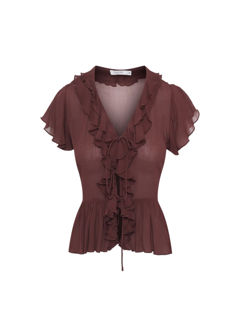 Chocolate-colored short-sleeved blouse with frills