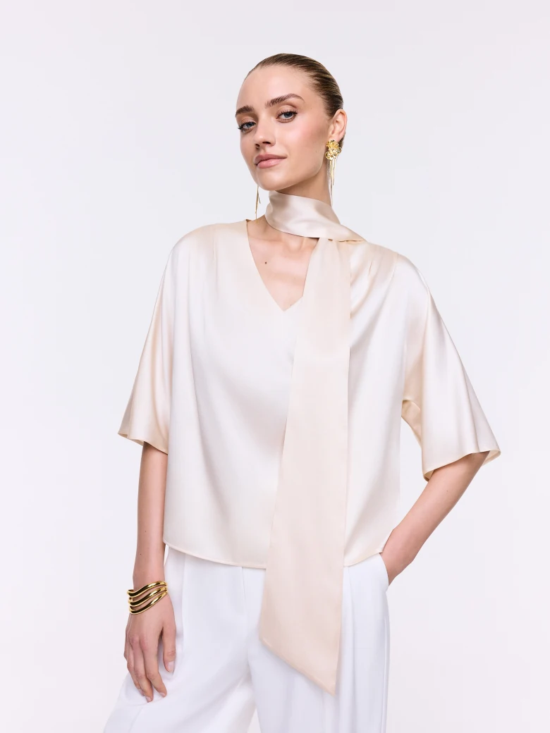 Cream Silk Blouse with Scarf Detail