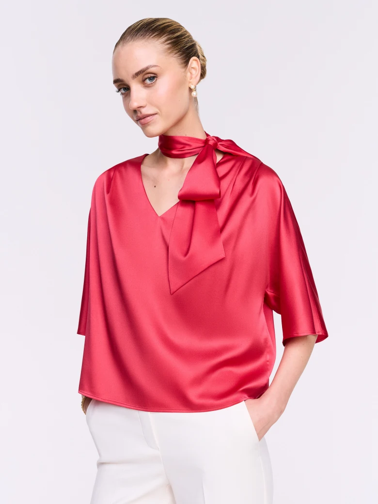 Coral Silk Blouse with Scarf Detail