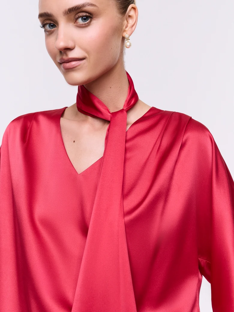 Coral Silk Blouse with Scarf Detail