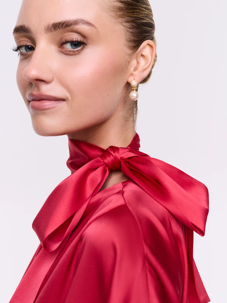 Coral Silk Blouse with Scarf Detail