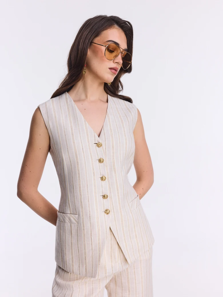 Beige linen vest with metallic thread