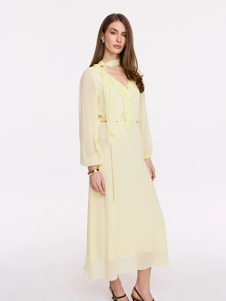Light yellow viscose midi dress with frill