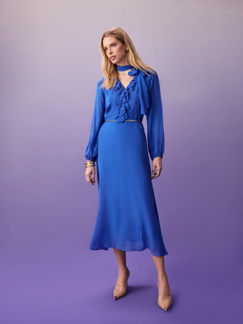 Sapphire viscose midi dress with jabot