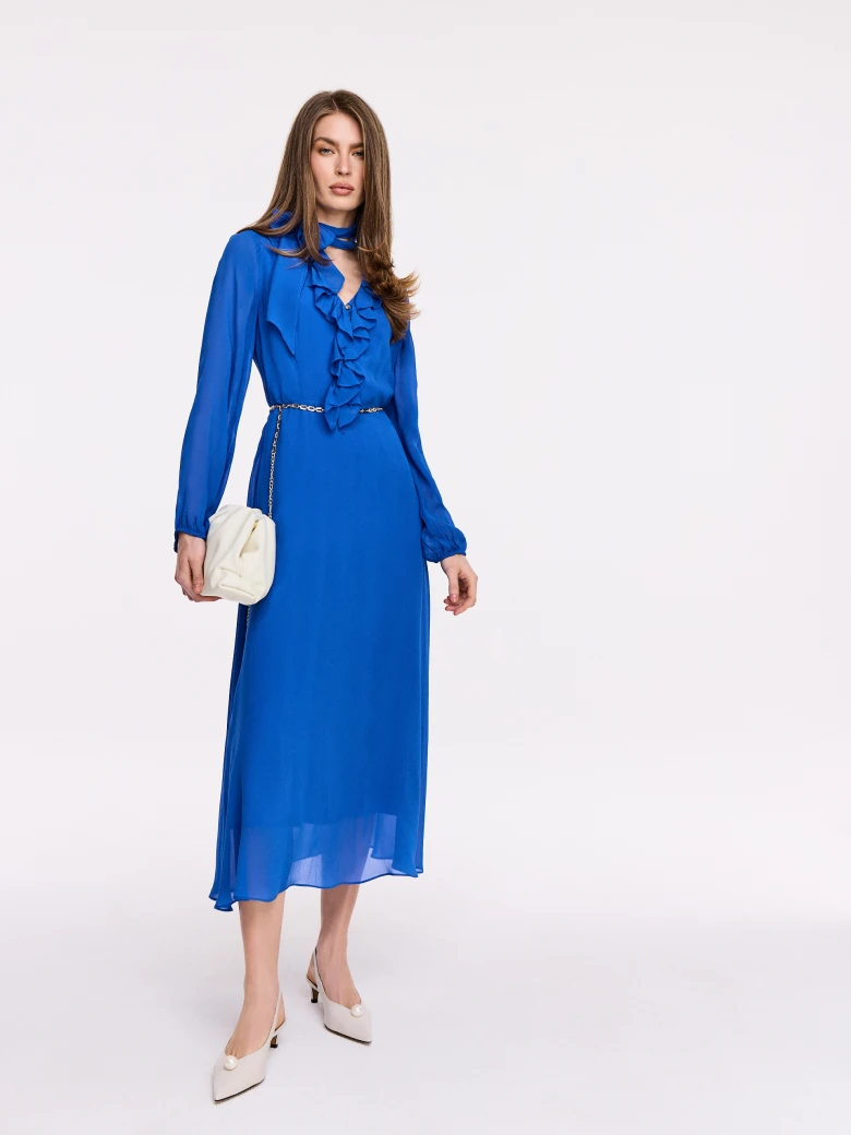 Sapphire viscose midi dress with jabot