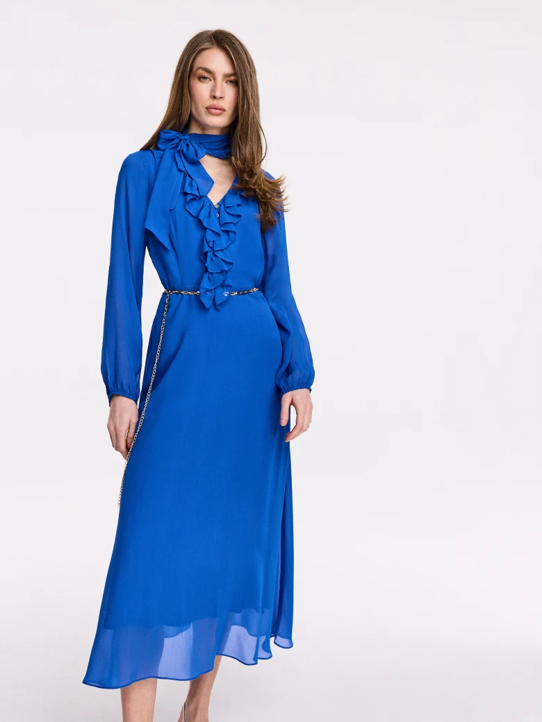 Sapphire viscose midi dress with jabot
