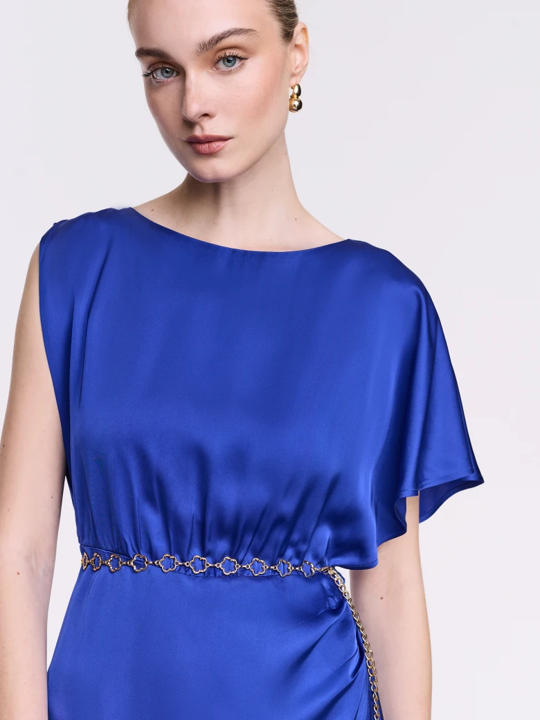 Sapphire-blue dress with an asymmetrical sleeve