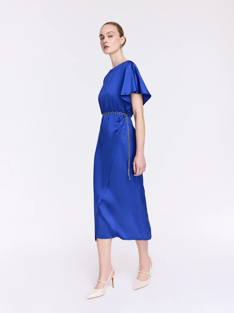 Sapphire-blue dress with an asymmetrical sleeve