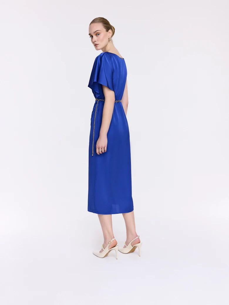 Sapphire-blue dress with an asymmetrical sleeve