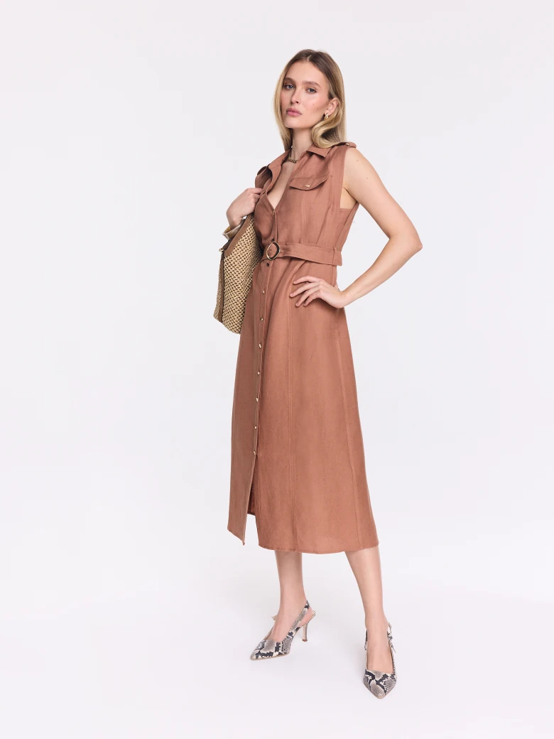 Caramel-colored midi shirt dress