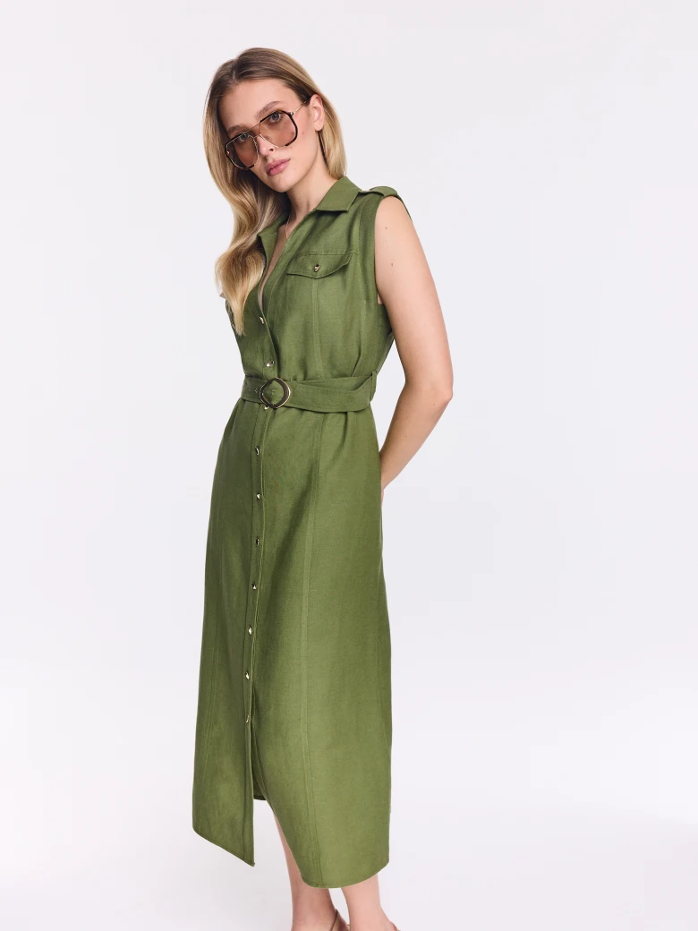 Olive-green midi-length shift dress