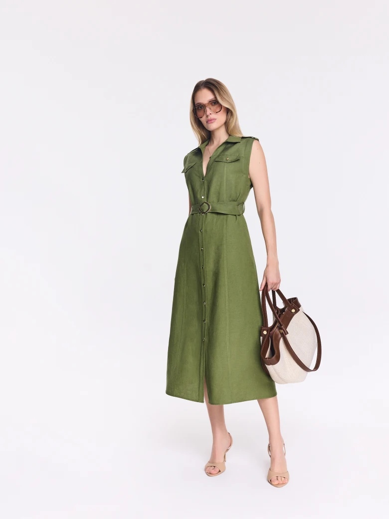 Olive-green midi-length shift dress