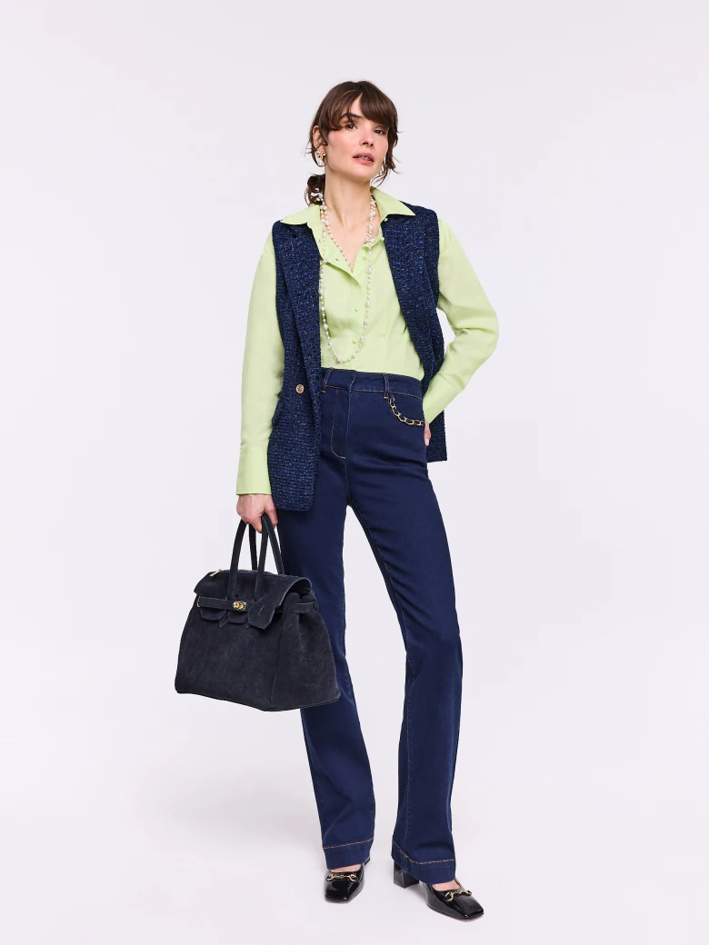 Navy blue straight jeans with decorative pockets