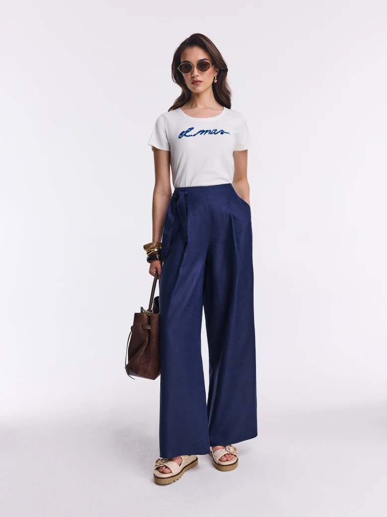 Navy blue linen trousers with side ties