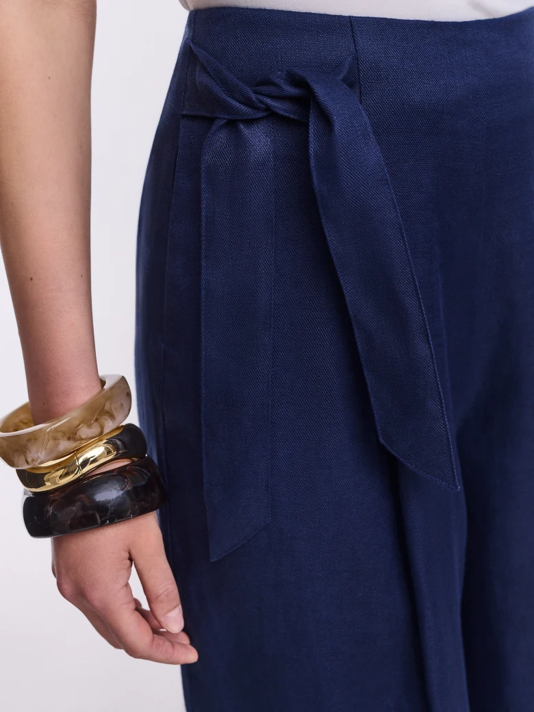 Navy blue linen trousers with side ties